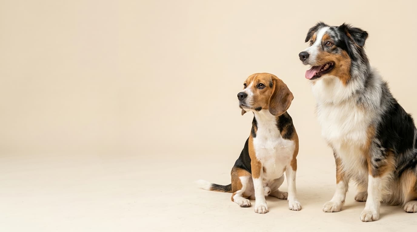 Australian Shepherd and Beagle sitting together watching the fresh food bowl